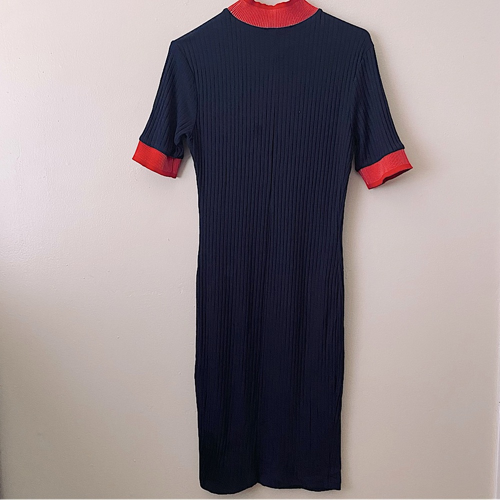 Zara Navy Blue with Red Trims Women Medium Bodycon Short sleeve Knitwear dress